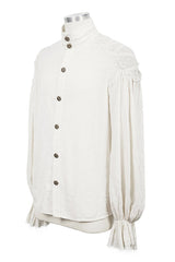 White Straight Collar Puff Sleeve Jacquard Mens Punk Blouse - Product - 5
