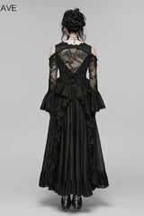 Black V Collar Long Trumpet Sleeves Double-Layered Hanayome Cut-Out Embroidered Lace Lace-Up Pearl-Decorated Pleated Women's Gothic Gorgeous Palace Dress - Product - 4