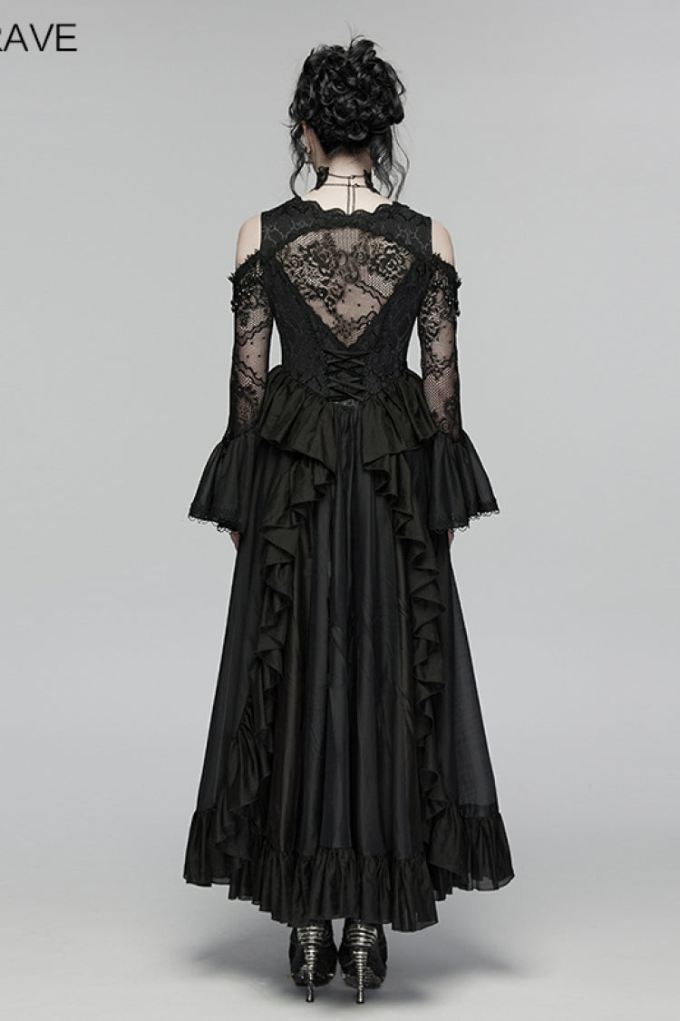 Black V Collar Long Trumpet Sleeves Double-Layered Hanayome Cut-Out Embroidered Lace Lace-Up Pearl-Decorated Pleated Women's Gothic Gorgeous Palace Dress - Product - 4