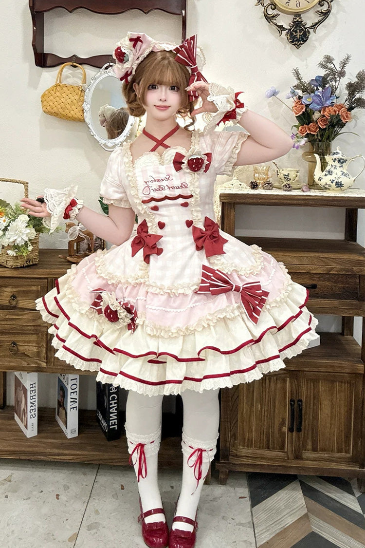 Pink [Sweetheart Strawberry Bunny] Square Collar Short Sleeves Triple-Layered Printed Ruffled Bow Sweet Lolita Dress - Product - 8