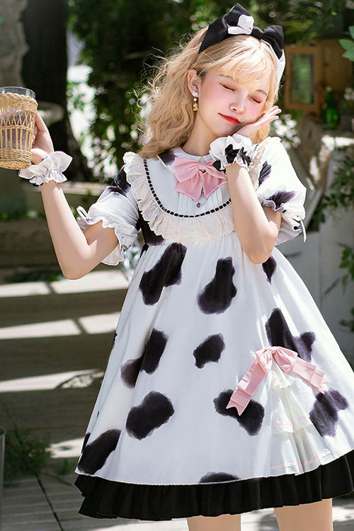 White Cow Pattern Print Short Sleeves Bowknot Ruffled Sweet Lolita OP Dress - Product - 2