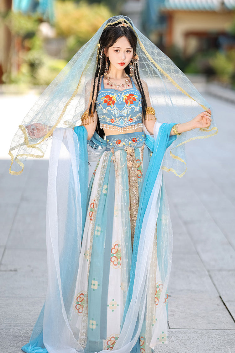 Blue Elegant Print Embroidery High Waisted Sleeveless Hanfu Dress Full Set - Product - 2
