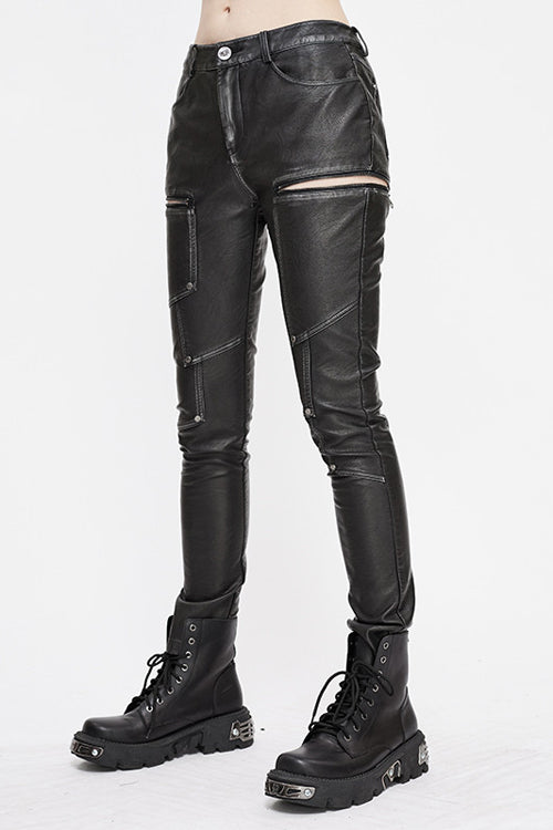 Black Punk Biker Block Shaped Patchwork Hand Rubbed Leather Womens Pants - Product - 2