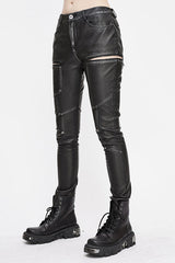 Black Punk Biker Block Shaped Patchwork Hand Rubbed Leather Womens Pants - Product - 2