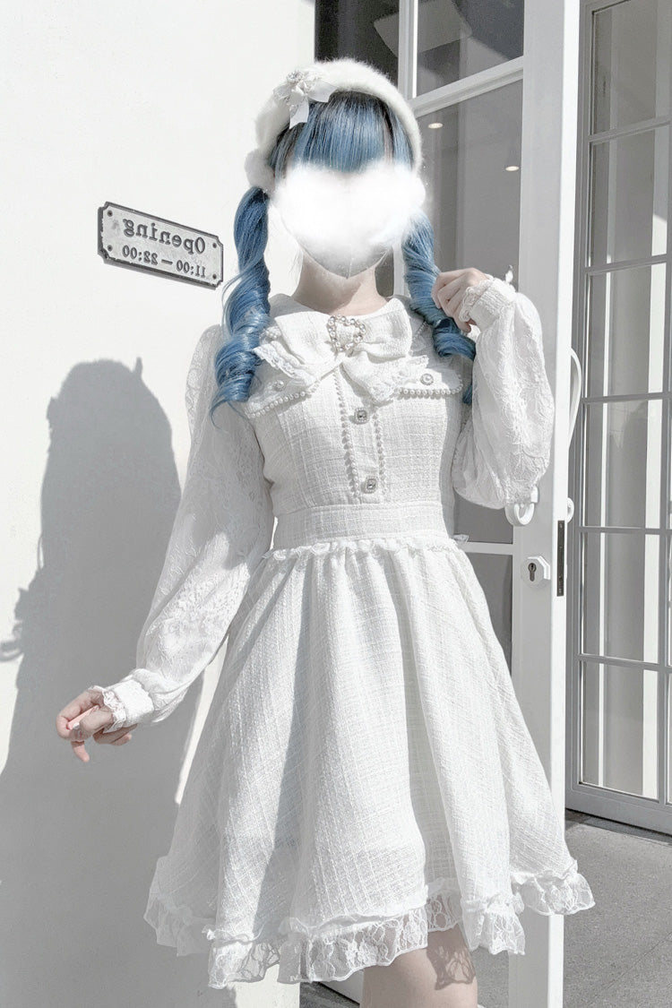 White Long Sleeves Bowknot Lace Pearl Sweet Jirai Kei Dress - Product - 3