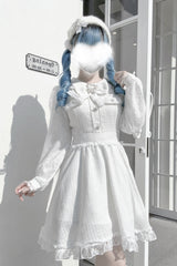 White Long Sleeves Bowknot Lace Pearl Sweet Jirai Kei Dress - Product - 3