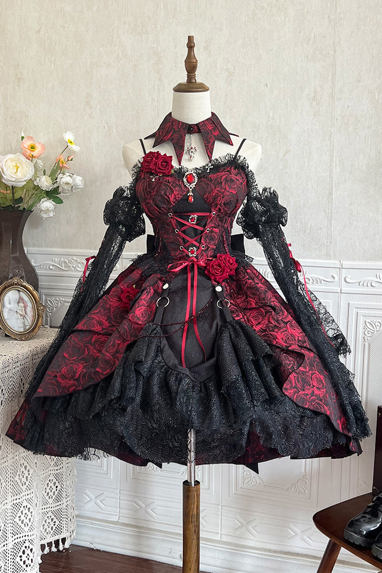 Black/Red [Weeping Rose] Jacquard Print Ruffle Cardigan Bowknot Lace-Up Gothic Lolita Dress - Product - 4