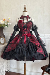 Black/Red [Weeping Rose] Jacquard Print Ruffle Cardigan Bowknot Lace-Up Gothic Lolita Dress - Product - 4