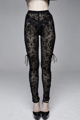 Black Flocking Printing Sexy Elastic Waistband Mesh Gothic Womens Pants - Black - 1