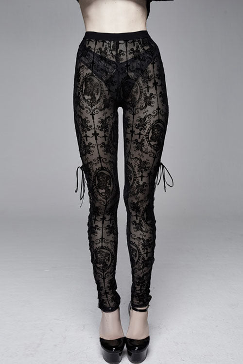 Black Flocking Printing Sexy Elastic Waistband Mesh Gothic Womens Pants - Black - 1