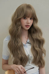 Milk Tea Brown Korean Style Fluffy Face-Framing Air Bangs Wavy Sweet Lolita Wig - Milk-Tea-Brown - 1