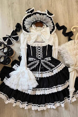 Black [Maiden Heart] Triple-Layered Ruffle Bowknot Lace Sweet Lolita Jsk Dress - Product - 11