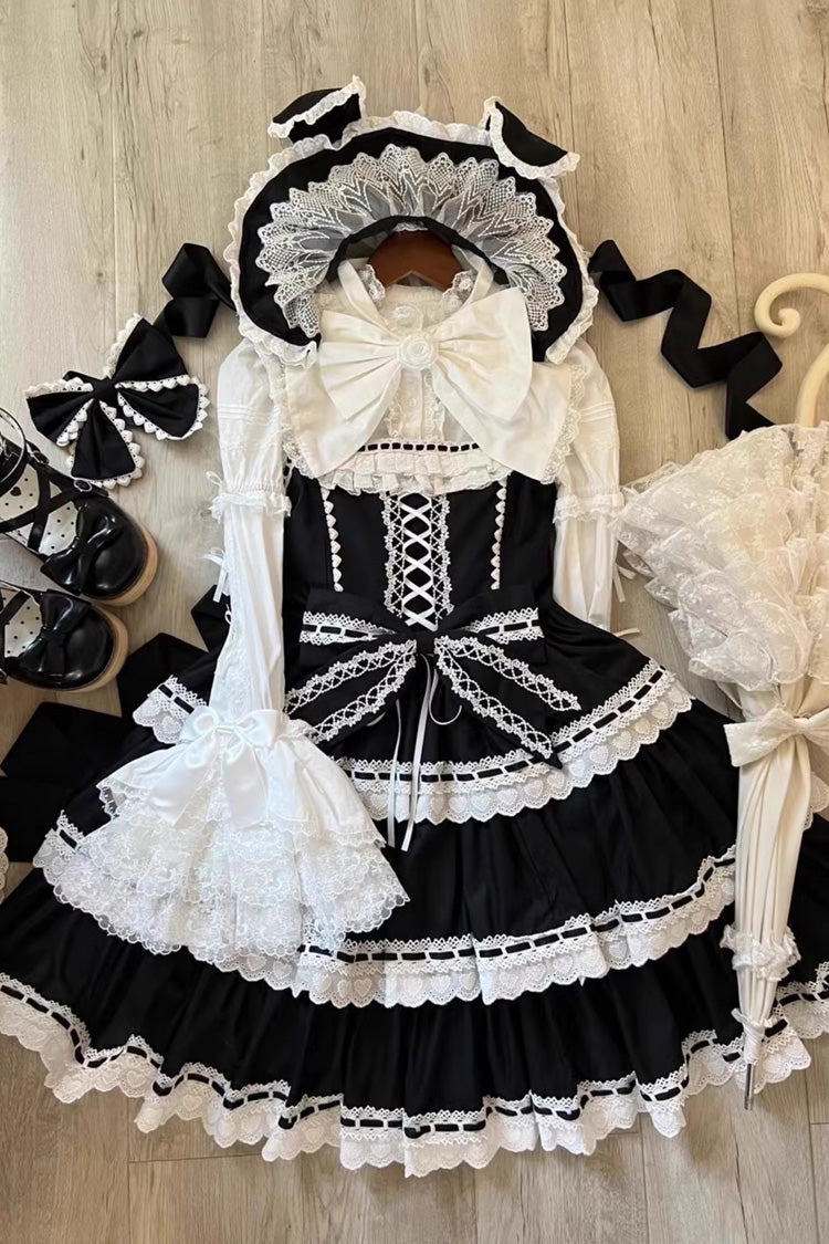Black [Maiden Heart] Triple-Layered Ruffle Bowknot Lace Sweet Lolita Jsk Dress - Product - 11
