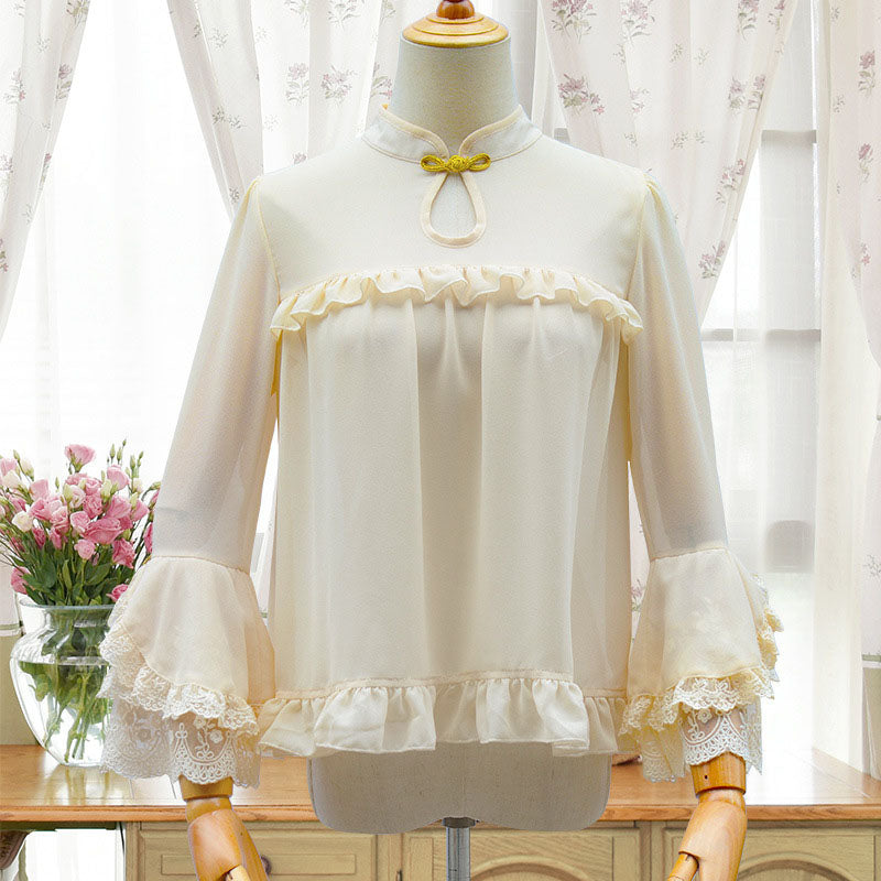 Apricot Chinese Style Cheongsam Stand Collar Lantern Sleeves Lolita Blouse - Apricot - 1