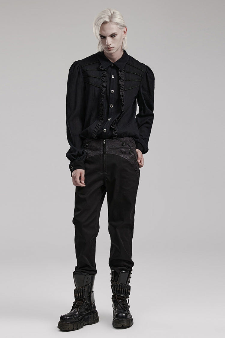 Black Leather Stitching Slim Front Zipper Men's Gothic Pants - Product - 4