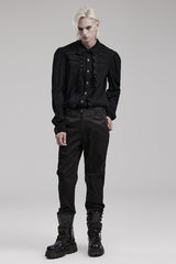 Black Leather Stitching Slim Front Zipper Men's Gothic Pants - Product - 4