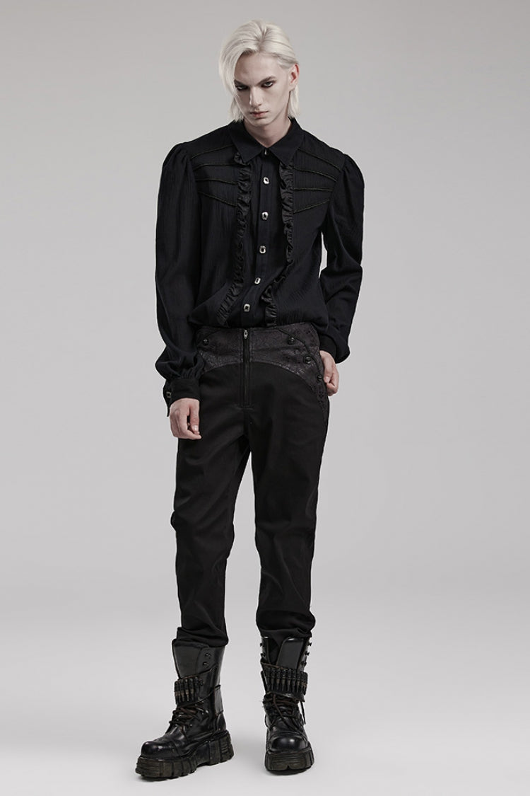 Black Leather Stitching Slim Front Zipper Men's Gothic Pants - Product - 4
