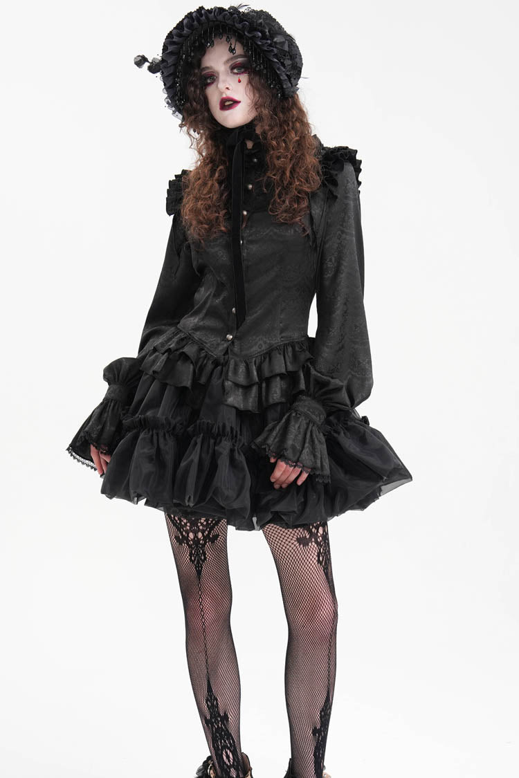 Black Long Sleeves Print Ruffle Lace Women's Gothic Blouse - Product - 5