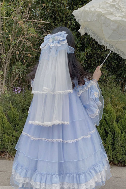 Blue Bowknot Trumpet Sleeves Multi-Layer Ruffled Sweet Lolita OP Tiered Dress - Product - 5
