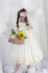 Beige Lace Cool Angel Short Sleeves Bowknot Ruffle Sweet Lolita Dress - Product - 10