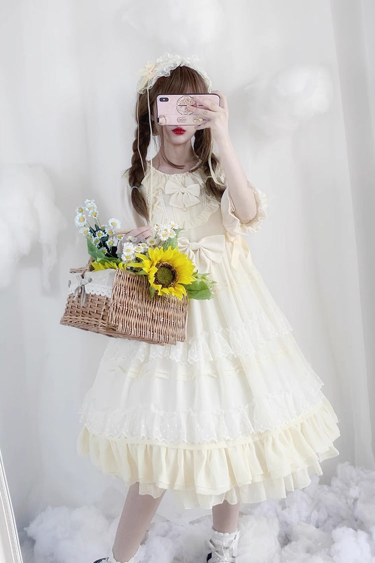 Beige Lace Cool Angel Short Sleeves Bowknot Ruffle Sweet Lolita Dress - Product - 10