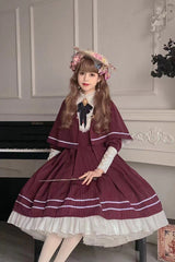British Girl Long Sleeves Striped Print Ruffle Sweet Elegant Lolita Dress 2 Colors - Wine - 3