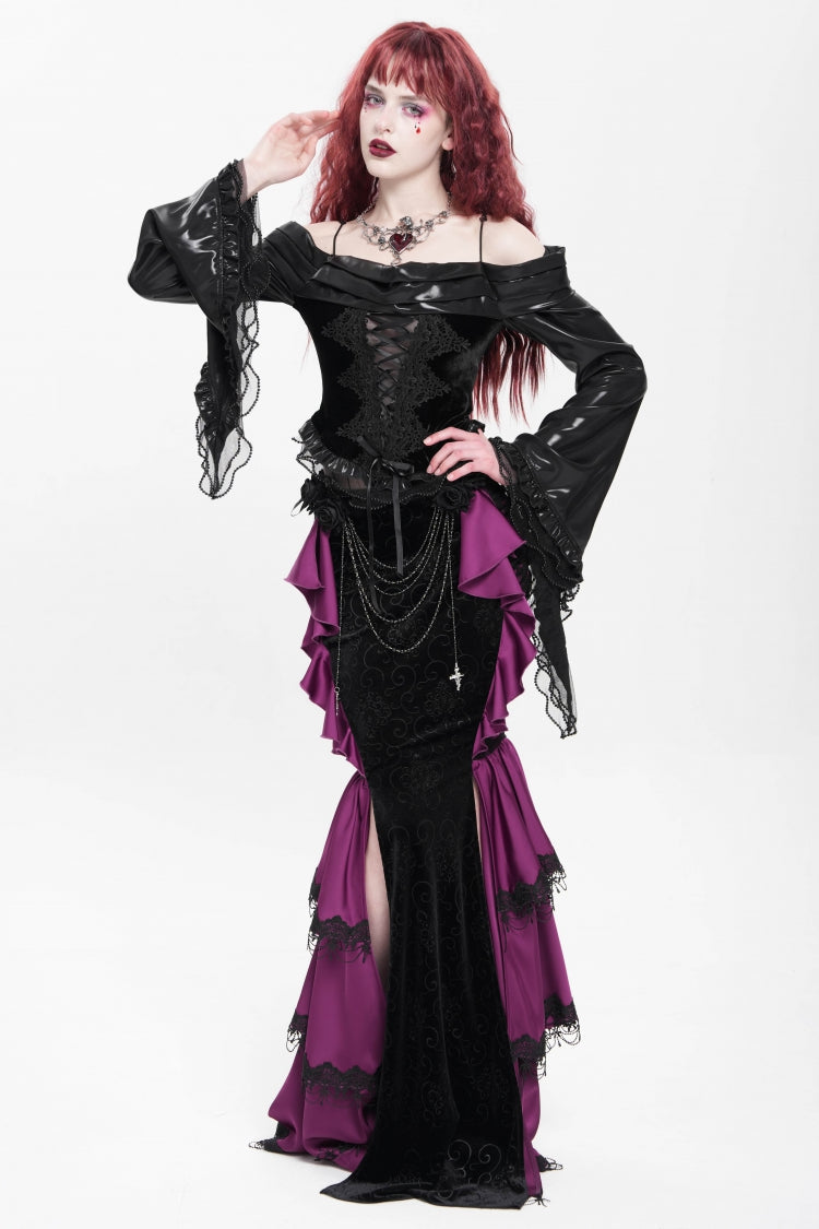 Purple Floral Print Lace-Up Rose Chain Women's Gothic Fishtail Skirt - Product - 11