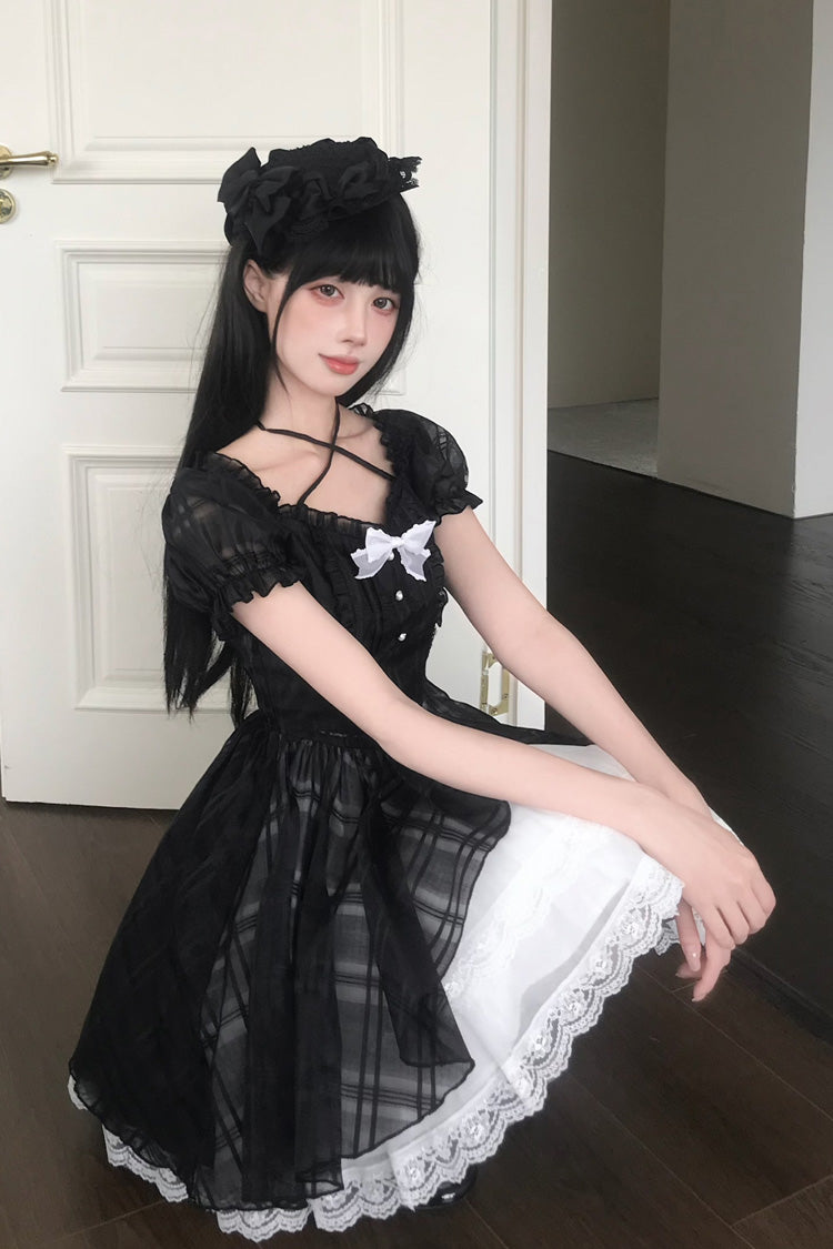 Black/White Square Collar Short Puff Sleeves Plaid Printed Ruffled Bow Lace Sweet Princess Lolita Dress - Product - 7