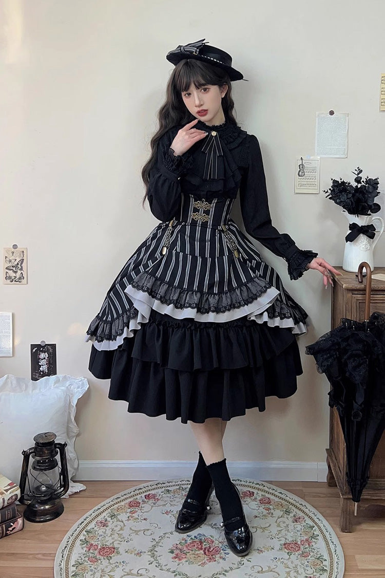 Black Point Manor Multi-layer Striped Print Ruffle Gothic Lolita Skirt - Product - 8