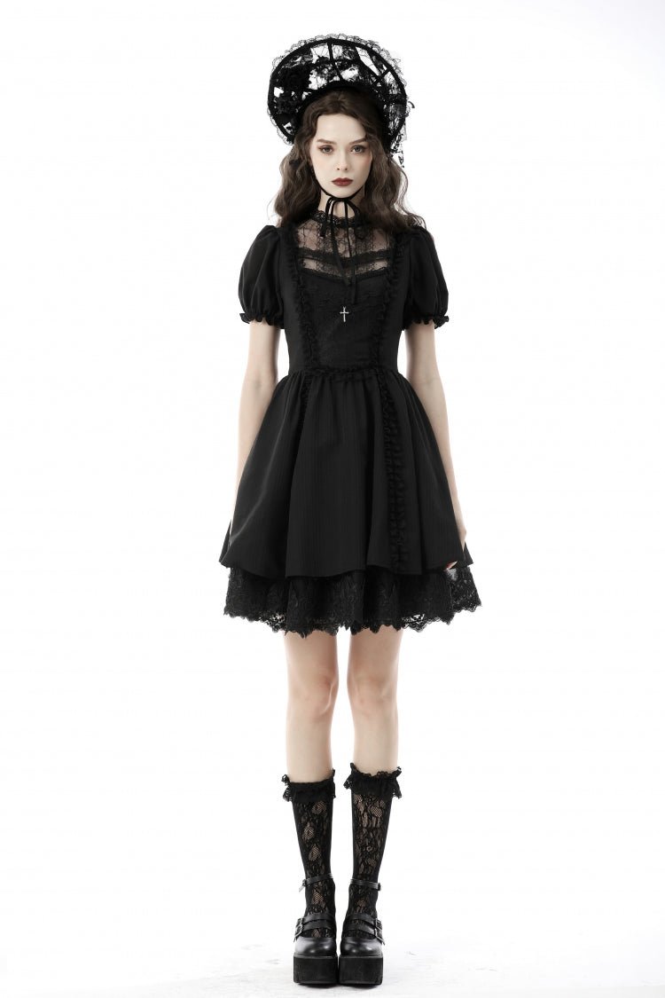 Black Tulle Lace Stand Collar Short Puff Sleeves Women's Lolita Gothic Doll Dress - Product - 5