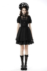 Black Tulle Lace Stand Collar Short Puff Sleeves Women's Lolita Gothic Doll Dress - Product - 5