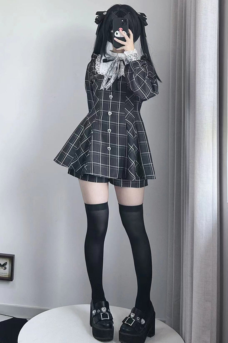 Black/White [Heart-beating Limited] Long Sleeves Plaid Print Print Bowknot Lace Gothic Jirai Kei Dress Set - Product - 5