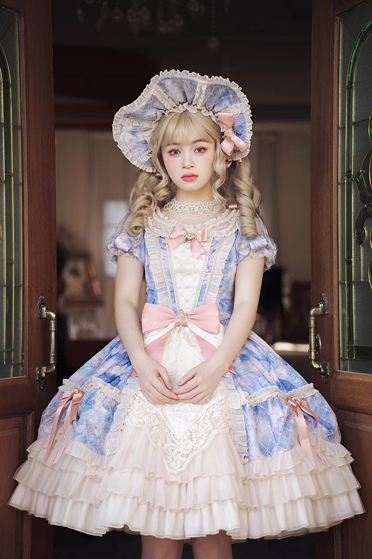 [Angel Heart Sky Oil Painting] Print Ruffle Cardigan Bowknot Sweet Princess Lolita Dress 3 Colors - Product - 9