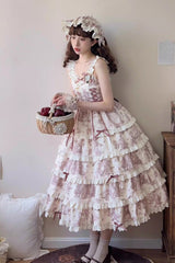 Smoky Purple [Grape Moon Almanac] Sleeveless Multi-Layered Printed Ruffled Bow Adjustable-Length Sweet Lolita Jsk Dress - Product - 3