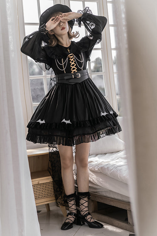 Black Round Collar Ruffled Lantern Sleeves High Waisted Trainee Witch Sweet Lolita Dress - Product - 4