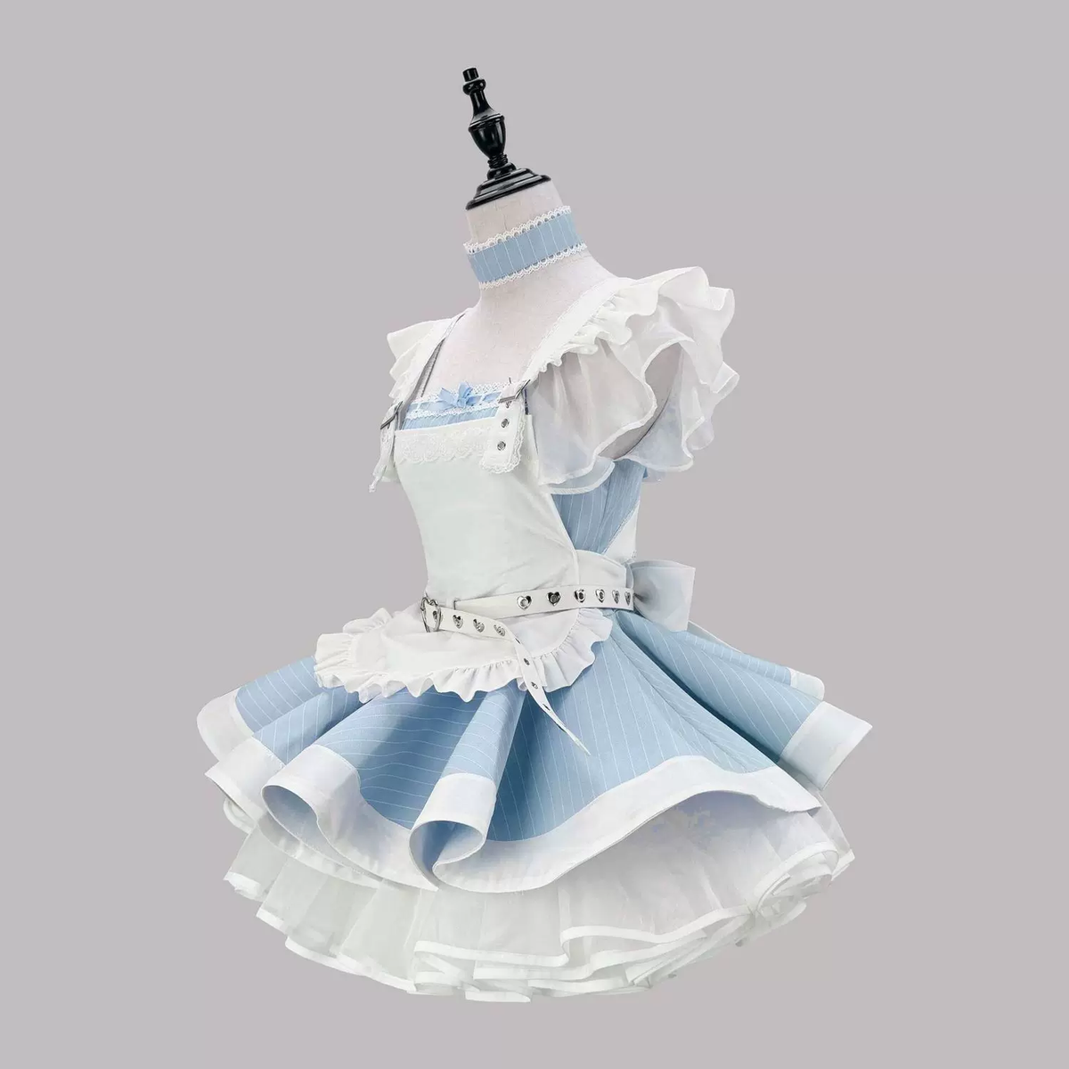 Black and White Striped Ruffled Lolita Dress with Belt Accent 商品画像