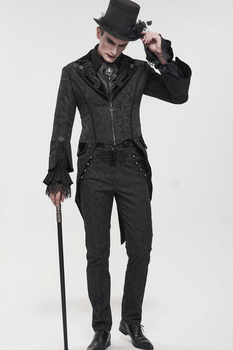 Black Gothic Embroidered Print Pattern Metal Pattern Buckle Decoration Trumpet Sleeve Men's Swallowtail Coat - Product - 7