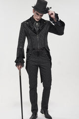 Black Gothic Embroidered Print Pattern Metal Pattern Buckle Decoration Trumpet Sleeve Men's Swallowtail Coat - Product - 7