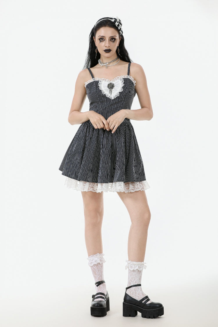 Black/White Pinstriped Sleeveless Lace Lace-Up Women's Gothic Lolita Slip Dress Graduation Dress - Product - 6