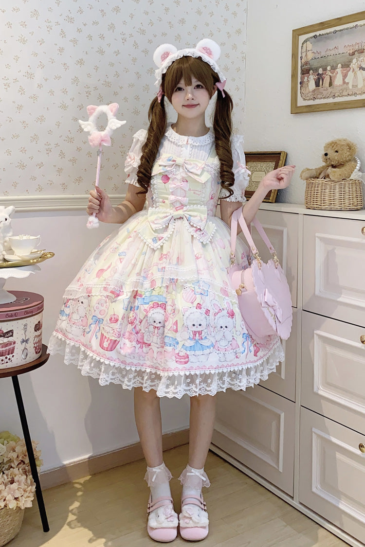 Yellow [Cute Rabbit Sweet Cake] Print Ruffle Bowknot Lace Sweet Lolita Jsk Dress - Product - 8