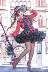 Black/Red [Showa Cake] Sleeveless Triple-Layered Ruffled Bow Lace-Up Witch Gothic Lolita Jsk Dress - Product - 7