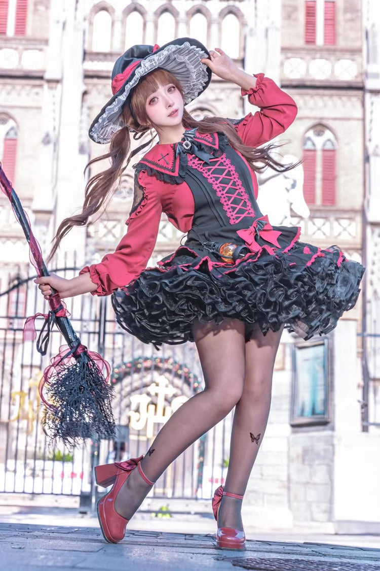 Black/Red [Showa Cake] Sleeveless Triple-Layered Ruffled Bow Lace-Up Witch Gothic Lolita Jsk Dress - Product - 7