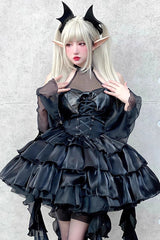 Pure Black Little Devil Sexy Princess Slim Gothic Lolita Strapless Tiered Dress - Product - 4