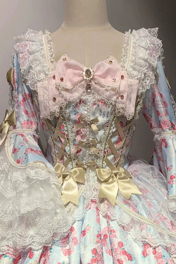 Blue/Pink [Rose Garden Prelude] Square Collar Long Trumpet Sleeves Printed Ruffled Bow Lace Lace-Up Sweet Lolita Dress - Product - 11