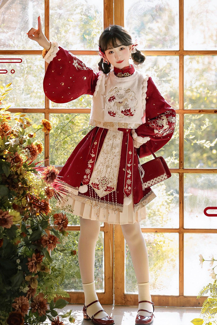 Red Round Collar Long Lantern Sleeves High Waisted Embroidered Women's Sweet Hanfu Dress Set - Product - 2