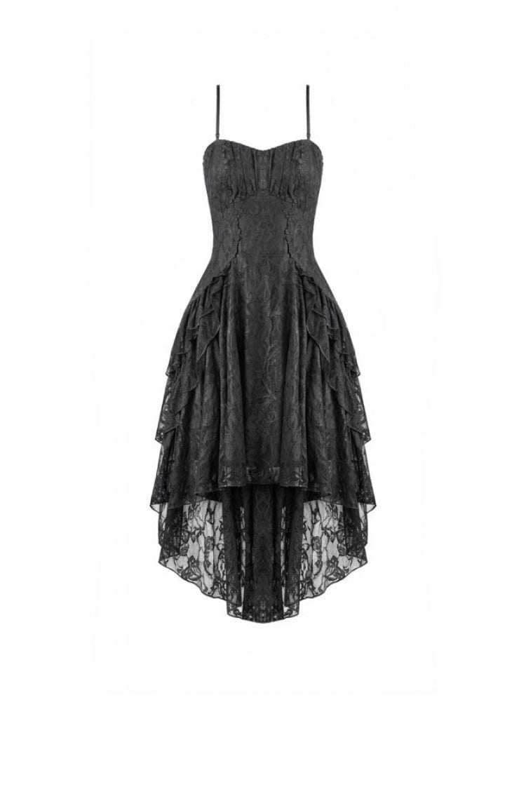 Black Lace-Up Women's Gothic High-Low Multi-Layered Ruffled Tail Lace Slip Dress - Product - 3