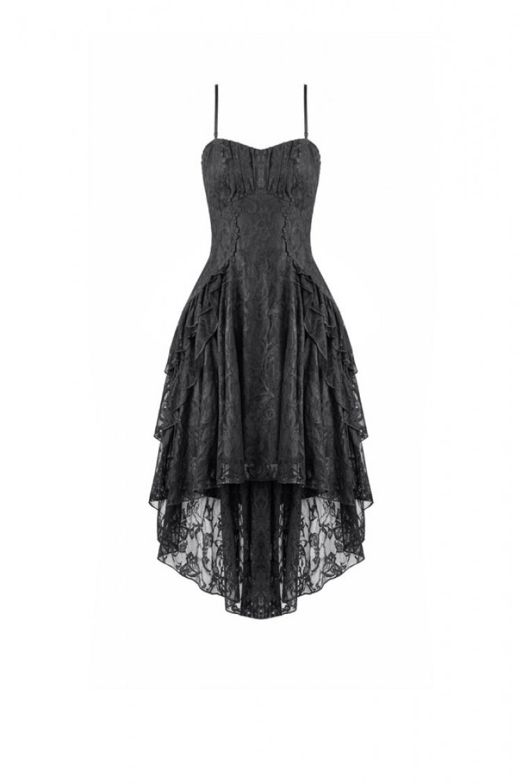 Black Lace-Up Women's Gothic High-Low Multi-Layered Ruffled Tail Lace Slip Dress - Product - 3