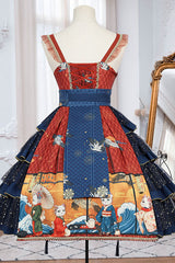 Blue Ukiyoe Cat & Waves Print Sleeveless Multi-Layer Sweet Lolita JSK Dress - Product - 4
