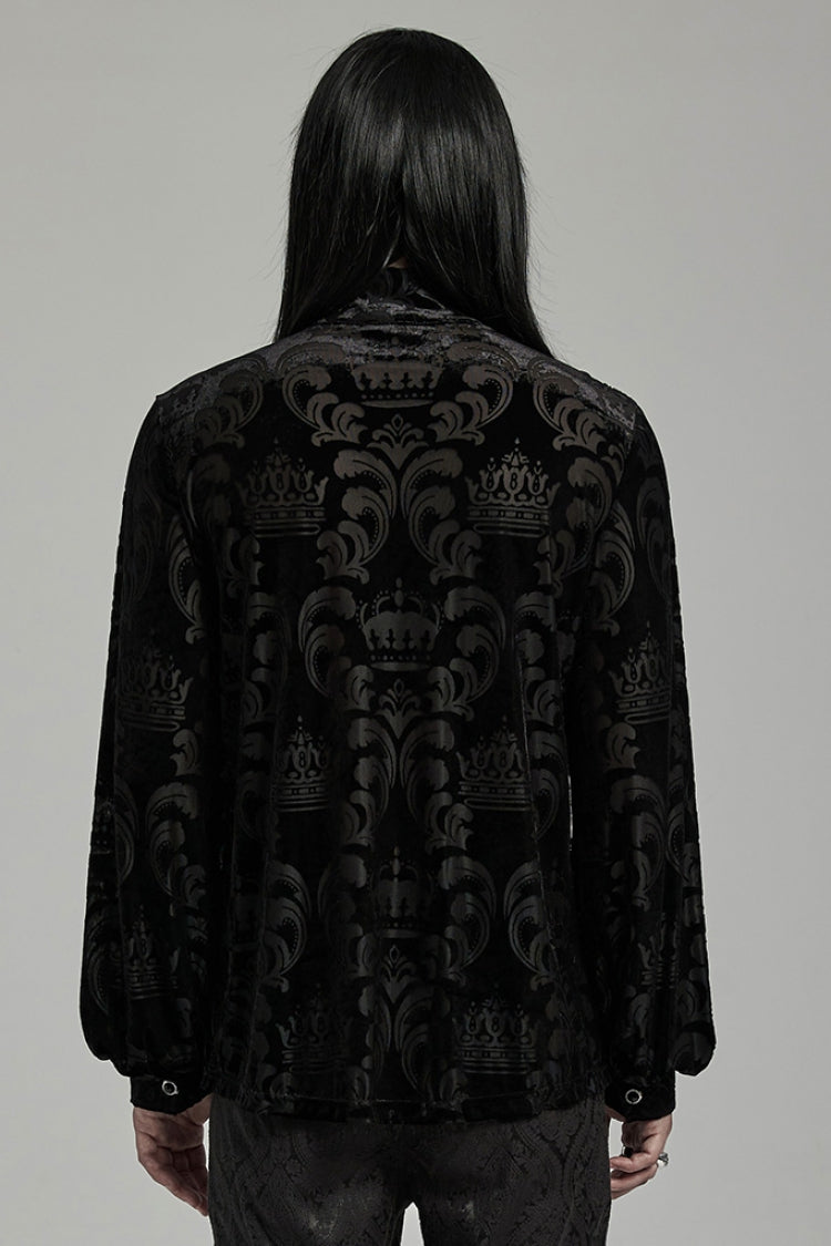 Black Stand Collar Puff Sleeves Jacquard Print Men's Gothic Blouse - Product - 3