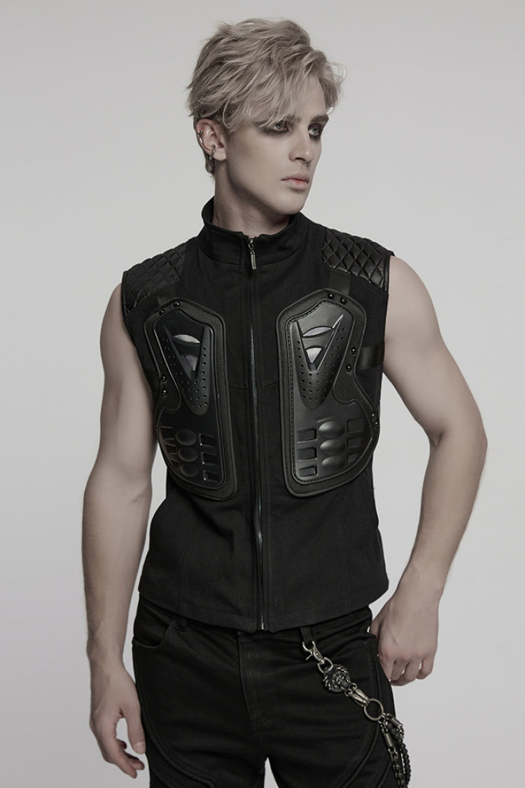 Black Stand Collar Armour Stitching Men's Punk Vest - Black - 1